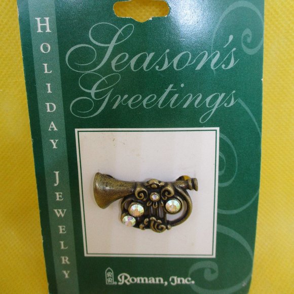 2002 Roman Inc. AB Rhinestone Trumpet Brooch Roman Inc Seasons Greetings Holiday - Picture 3 of 12